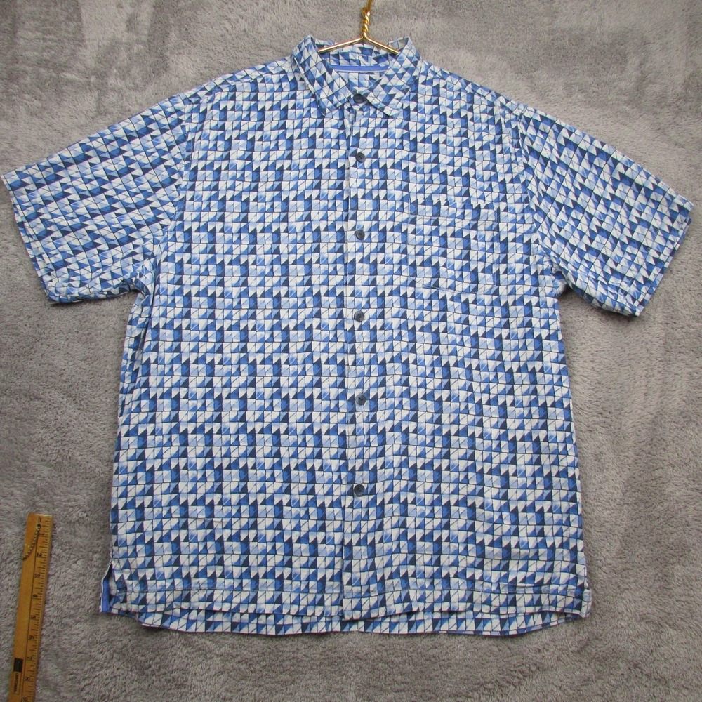 Tommy Bahama Shirt Mens Large Blue Geometric Short Sleeve Silk Button Front